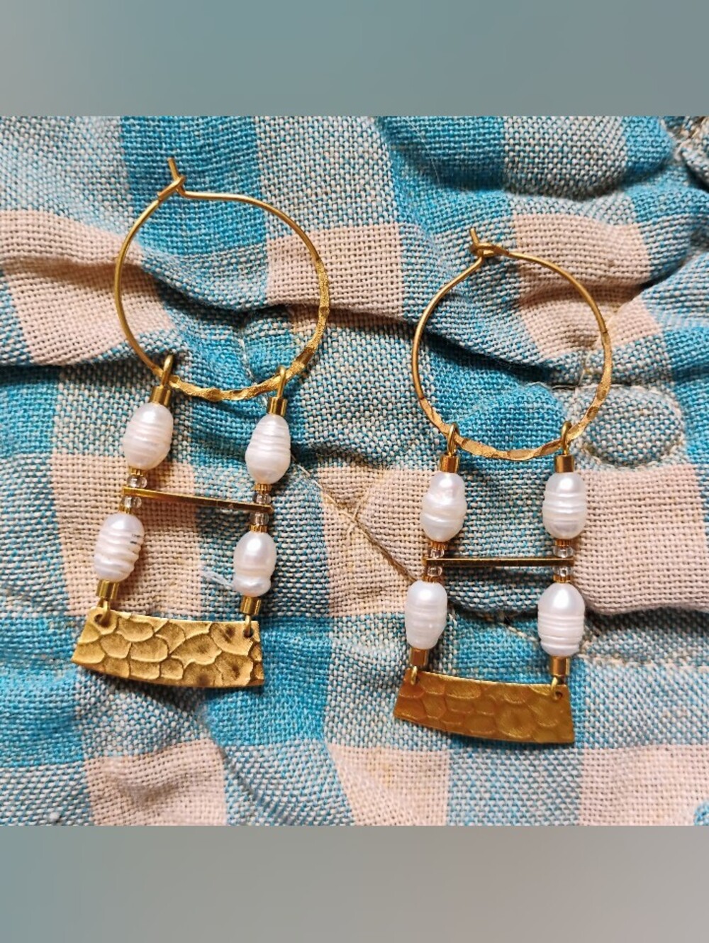 Handmade Pearl on Hammered Brass Hoop Earrings